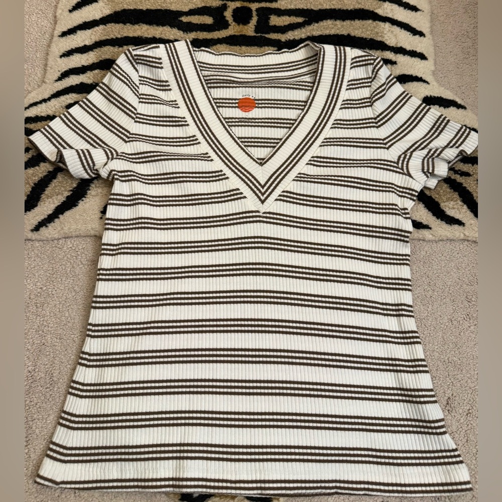 DAILY PRACTICE Anthropology White Brown Striped Ribbed V-Neck Short Sleeve Large - Picture 4 of 11